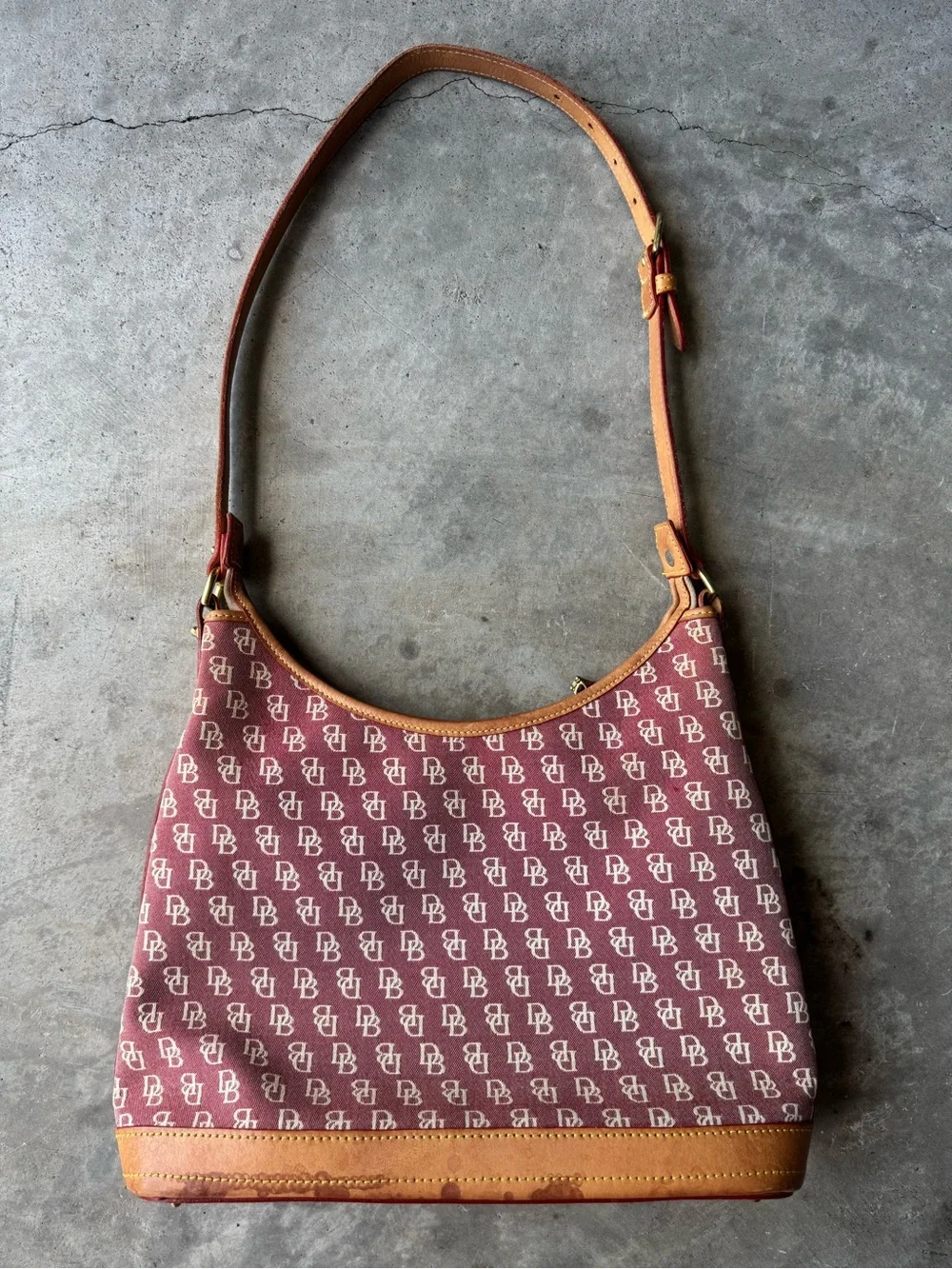 Dooney & Bourke Burgundy Logo Shoulder Hobo Bag with Tan Leather Trim Y2K